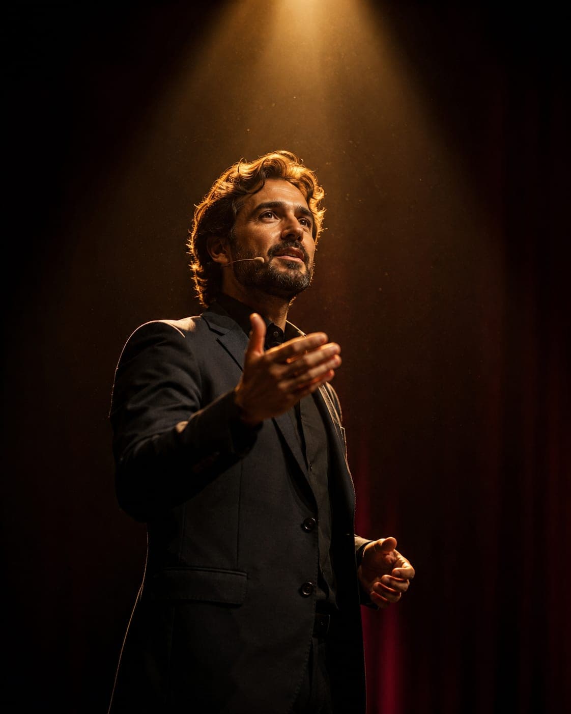 Yang Mendes, fundador da Eloquence, em um palco de teatro sob o holofote